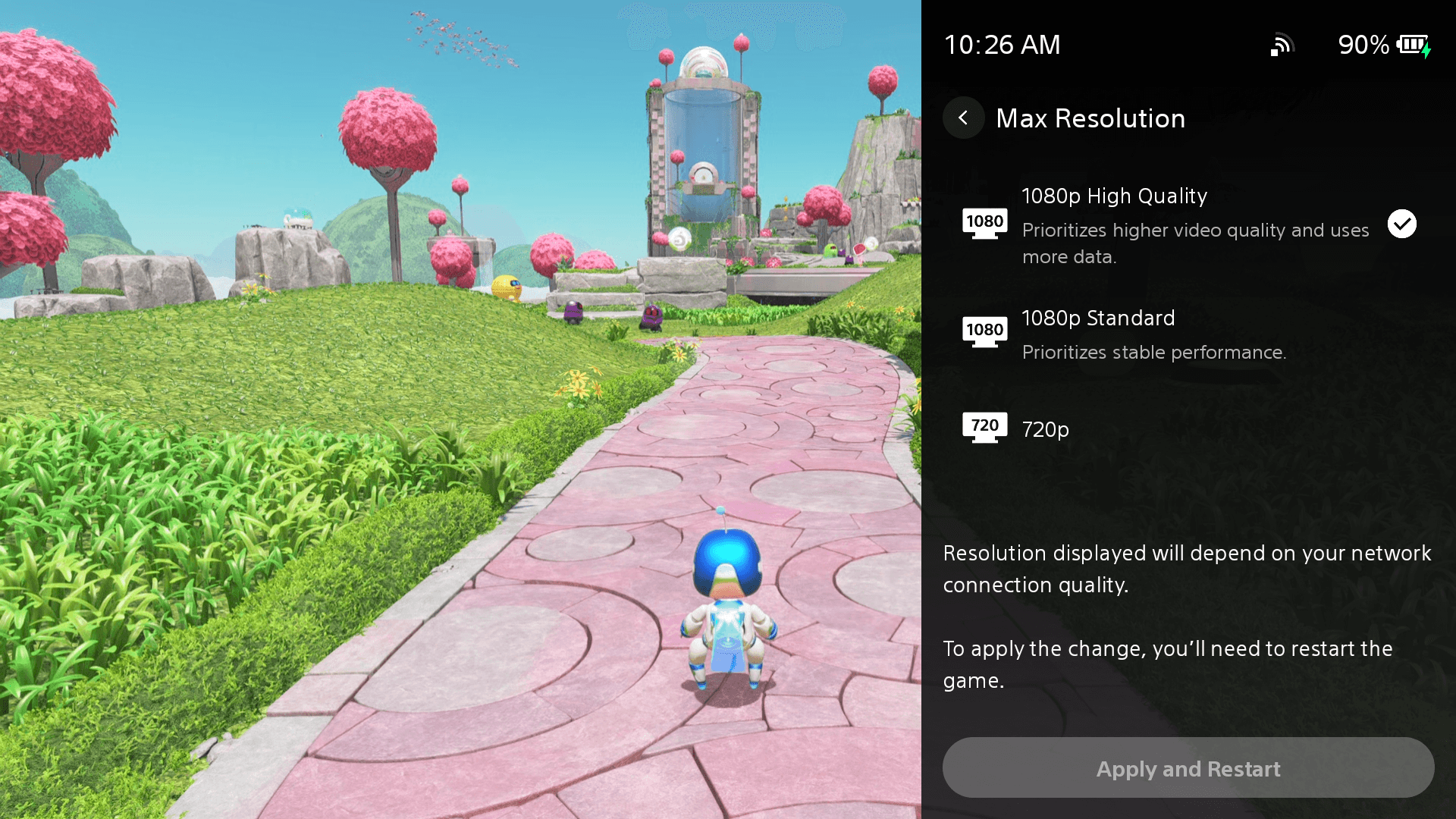 1080p High Quality mode setting screen